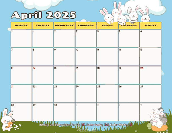 April Calendar 2025 Cute Spring Bunnies Mon Start