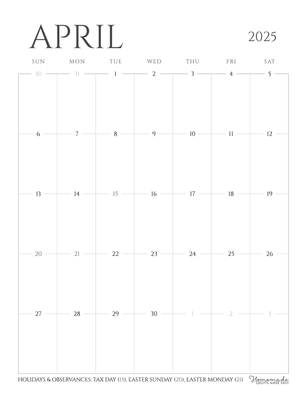 April Calendar 2025 Grayscale Minimalist Portrait