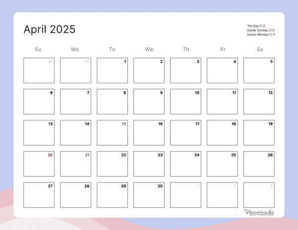 April Calendar 2025 Minimalist Blue Pink