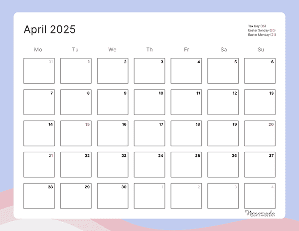 April Calendar 2025 Minimalist Blue Pink Mon Start