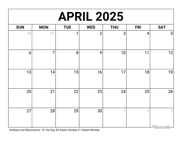 April Calendar 2025 Printable Blank