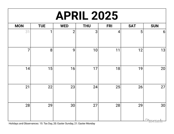 April Calendar 2025 Printable Blank Monday Start