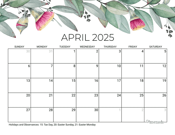 april Calendar 2025 Printable Eucalyptus