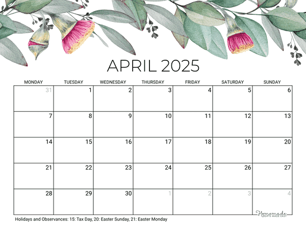 April Calendar 2025 Printable Eucalyptus Monday Start