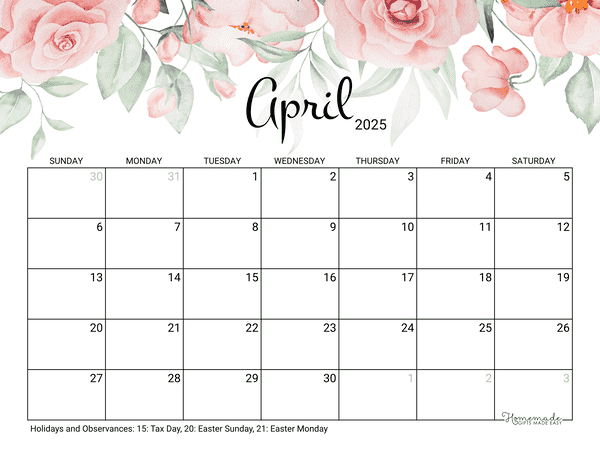 april Calendar 2025 Printable Rose
