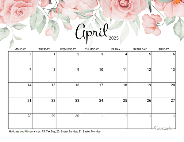 April Calendar 2025 Printable Rose Monday Start