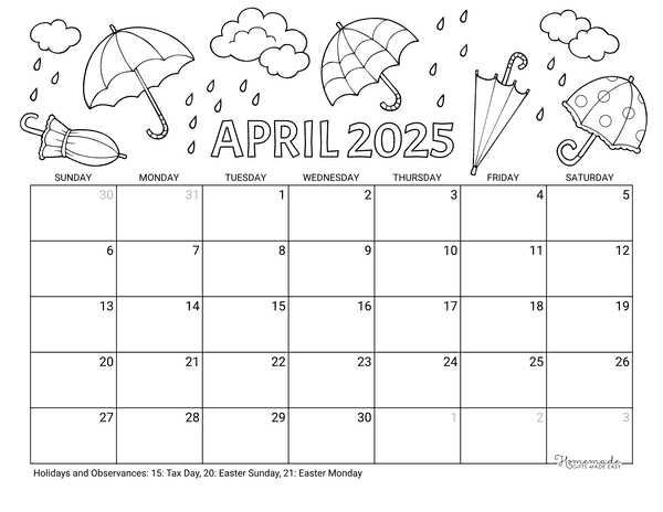 April Calendar 2025 Printable Umbrellas Rain to Color Landscape