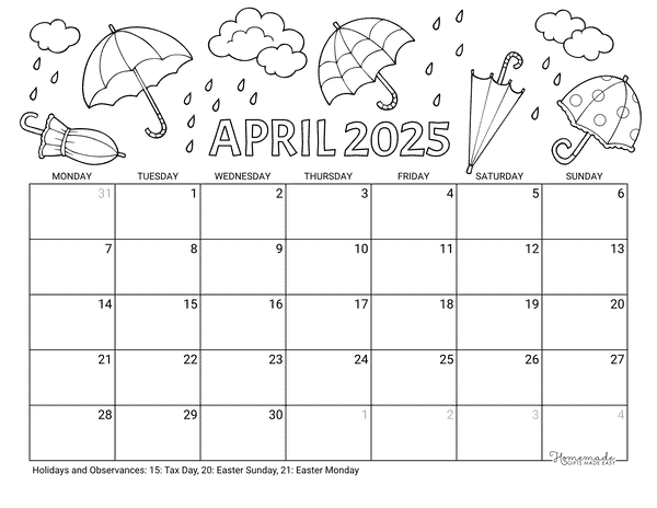 April Calendar 2025 Printable Umbrellas Rain to Color Landscape Monday Start