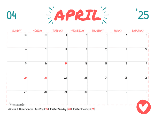 April Calendar 2025 Simple Playful