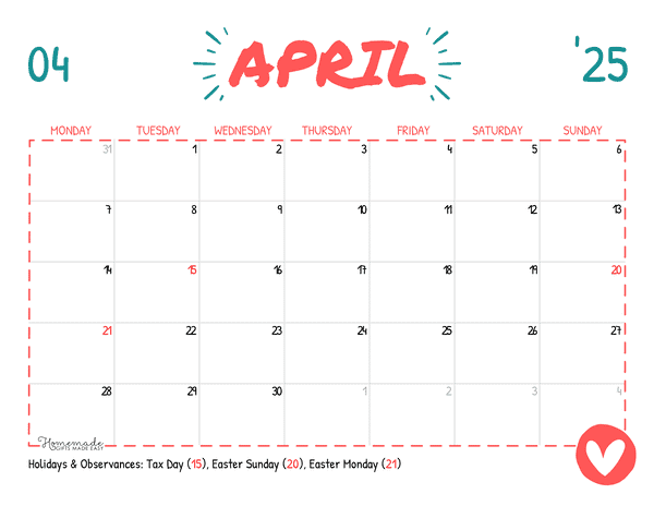 April Calendar 2025 Simple Playful Mon Start