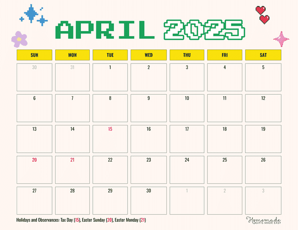 April Calendar 2025 Simple Retro Pixelated