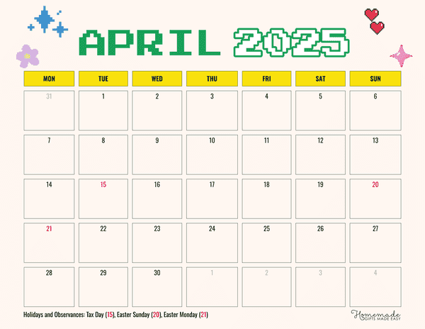 April Calendar 2025 Simple Retro Pixelated Mon Start