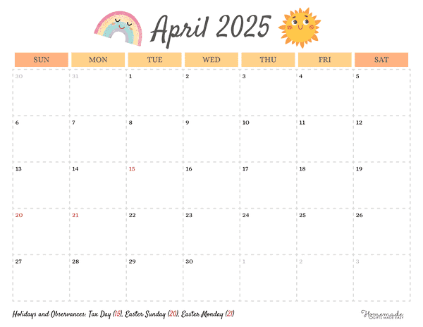 April Calendar 2025 Simple Spring Orange