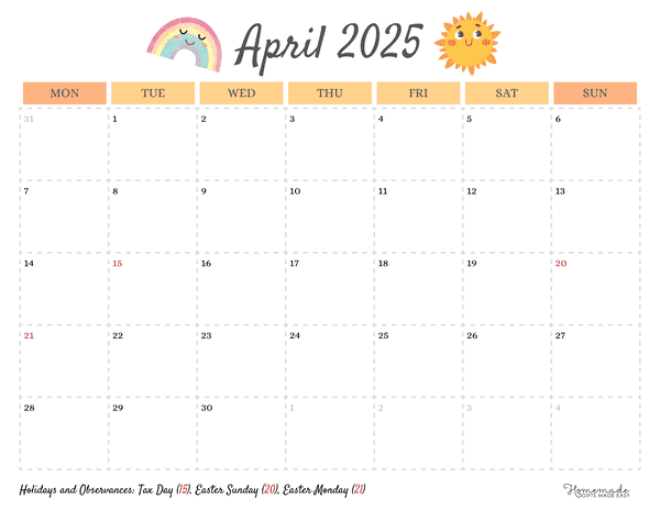 April Calendar 2025 Simple Spring Orange Mon Start