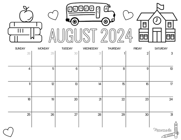 August 2024 Calendars Back to School to Color