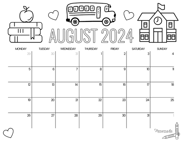 August 2024 Calendars Back to School to Color Monday Start