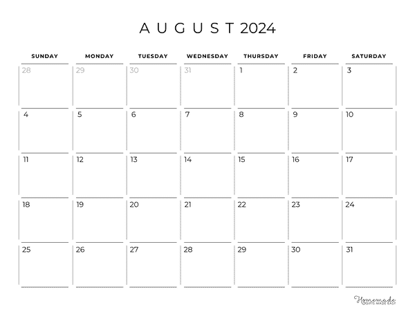 August 2024 Calendars Black and White Minimalist