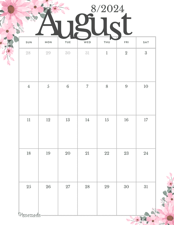 August 2024 Calendars Flowery Minimalist Portrait