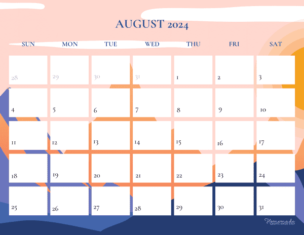 August 2024 Calendars Mountain Sunset