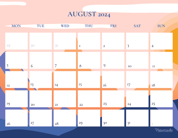 August 2024 Calendars Mountain Sunset Monday Start