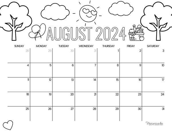 August 2024 Calendars Picnic to Color