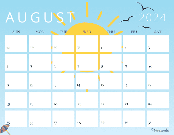August 2024 Calendars Summertime Sun