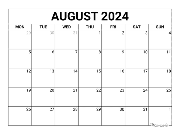 August Calendar 2024 Printable Blank Monday Start