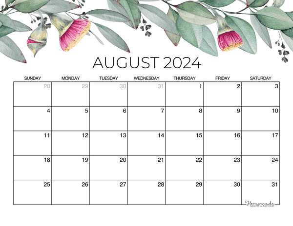 august Calendar 2024 Printable Eucalyptus