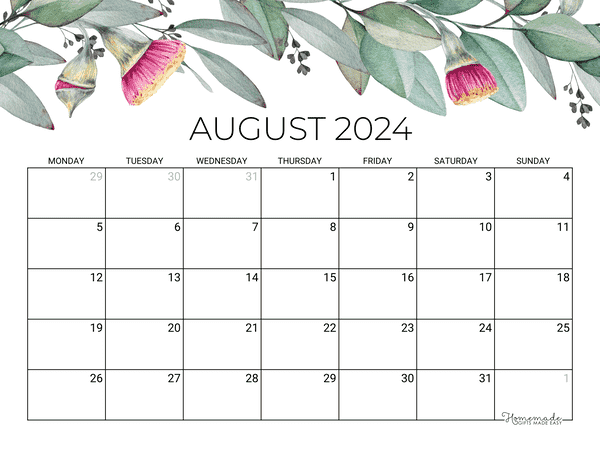 August Calendar 2024 Printable Eucalyptus Monday Start