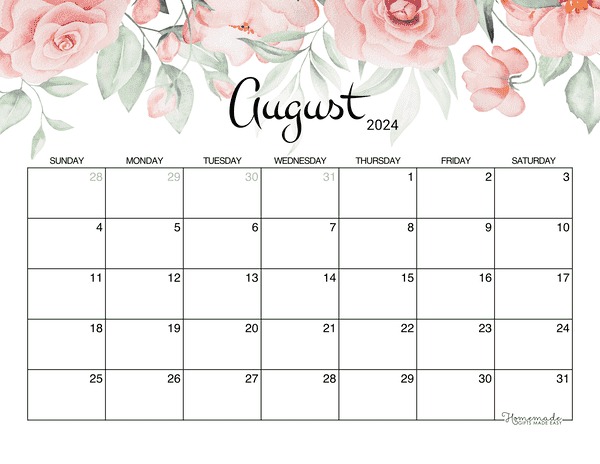 august Calendar 2024 Printable Rose