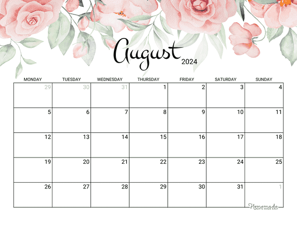 August Calendar 2024 Printable Rose Monday Start