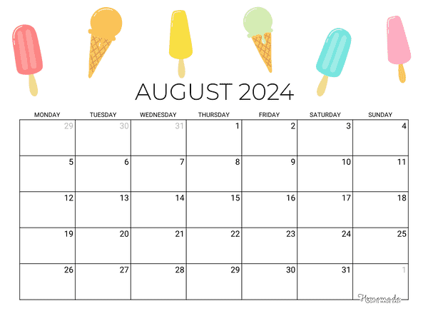August Calendar 2024 Printable Summer Popsicle Landscape Monday Start