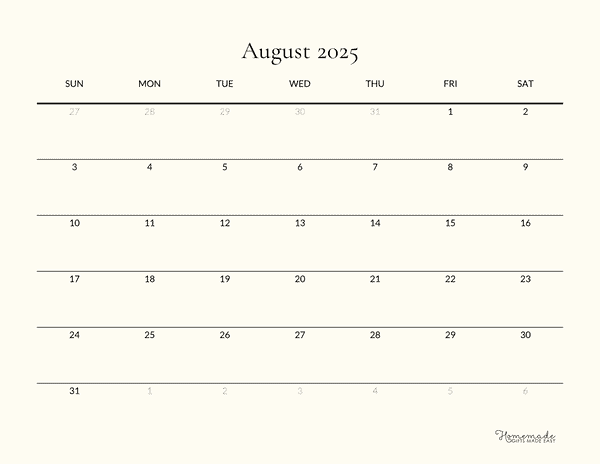 August Calendar 2025 Beige Borderless Minimalist