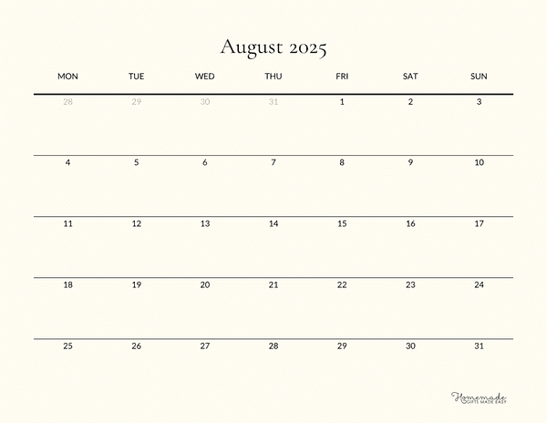 August Calendar 2025 Beige Borderless Minimalist Monday Start