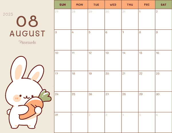 August Calendar 2025 Cute Bunny and Carrot