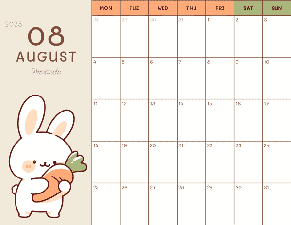 August Calendar 2025 Cute Bunny and Carrot Monday Start