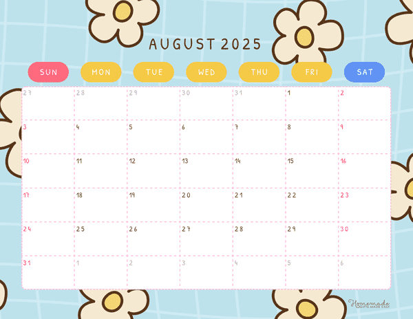 August Calendar 2025 Cute Flowery