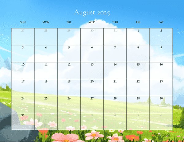 August Calendar 2025 Cute Flowery Meadow