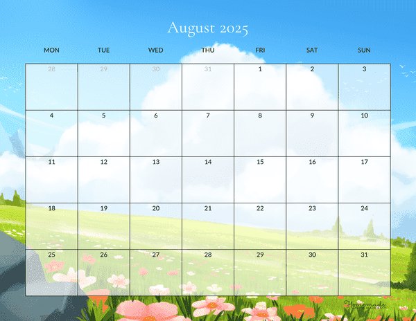 August Calendar 2025 Cute Flowery Meadow Monday Start