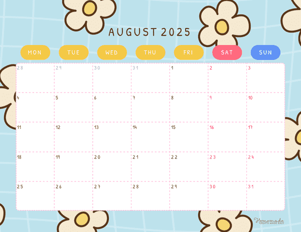 August Calendar 2025 Cute Flowery Monday Start