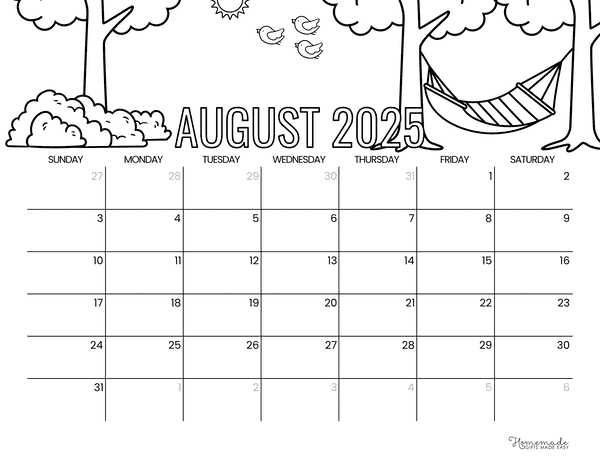 August Calendar 2025 Hammock Scene to Color