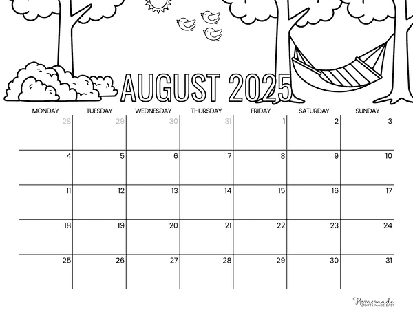 August Calendar 2025 Hammock Scene to Color Mon Start