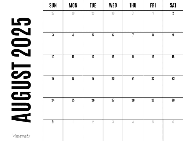 August Calendar 2025 Minimalist Grid