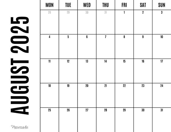 August Calendar 2025 Minimalist Grid Monday Start