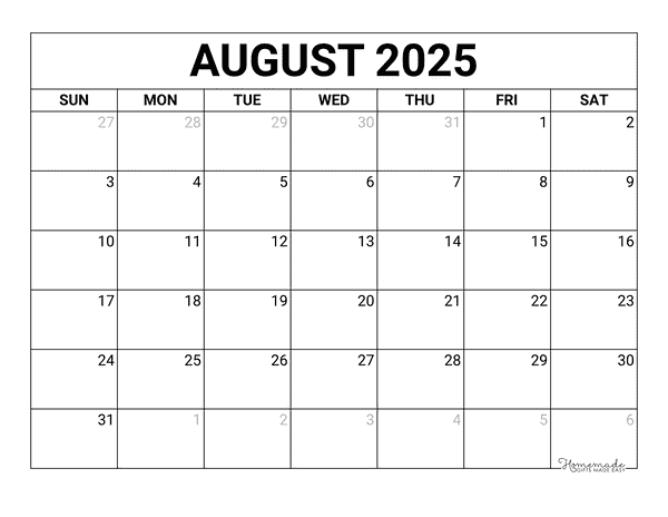August Calendar 2025 Printable Blank