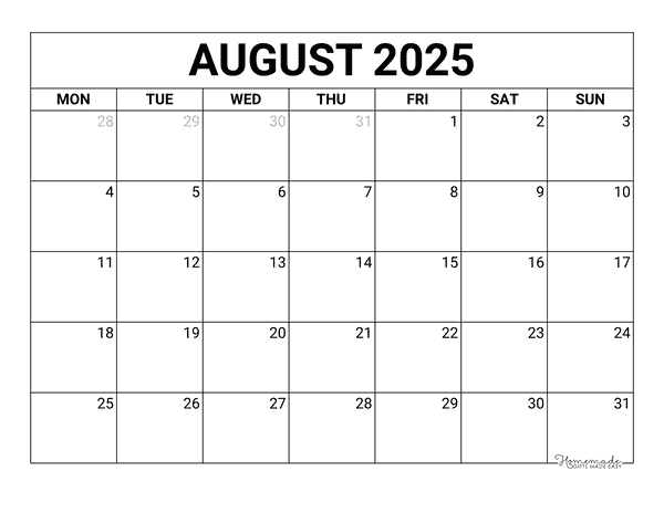 August Calendar 2025 Printable Blank Monday Start