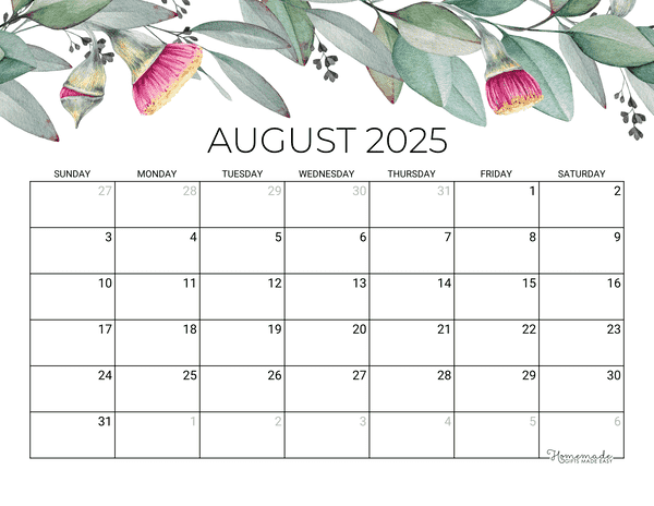 August Calendar 2025 Printable Eucalyptus