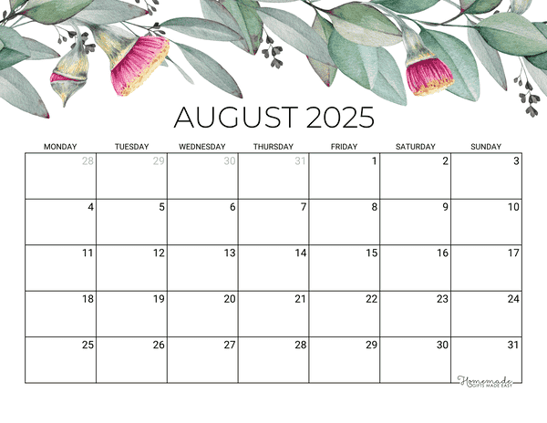 August Calendar 2025 Printable Eucalyptus Monday Start