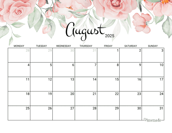 August Calendar 2025 Printable Rose Monday Start
