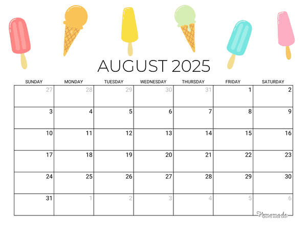 August Calendar 2025 Printable Summer Popsicle Landscape